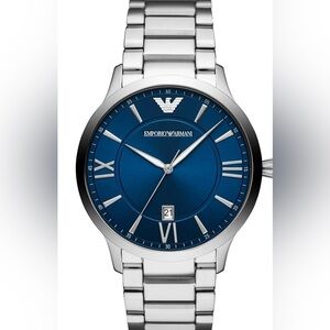 Emporio Armani Silver Watch with Blue Dial and Roman Mens Watch